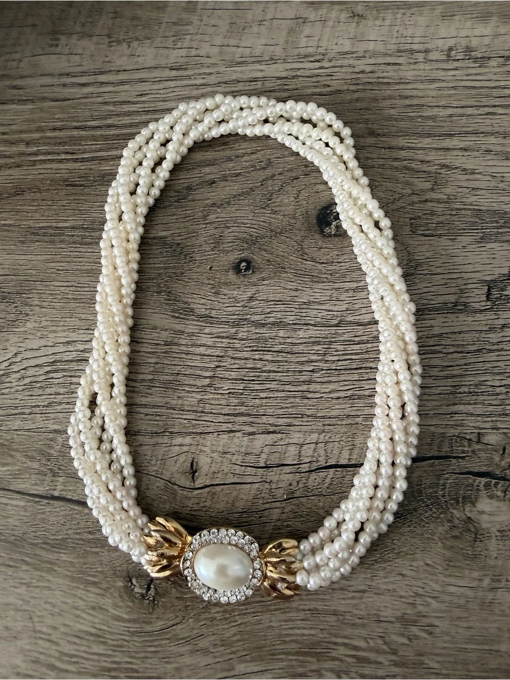 Vintage Faux Pearl Rhinestone 6 Strand Choker Necklace Goldtone Center Clasp Bow - Picture 2 of 7